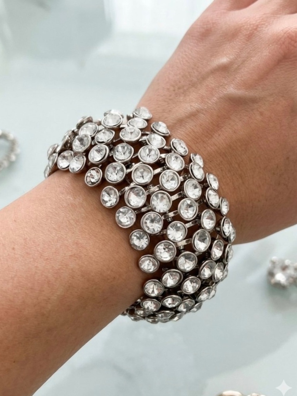 Vintage Silver Tone Wide Crystal Rhinestone Statement Stretch Zi Cuff Bracele